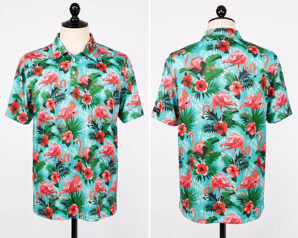 Yatta Golf Polo Mens XL Flamingo Hawaiian Tropical Floral Performance Shirt